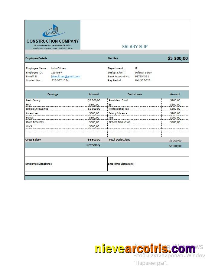 Construction company earning statement
